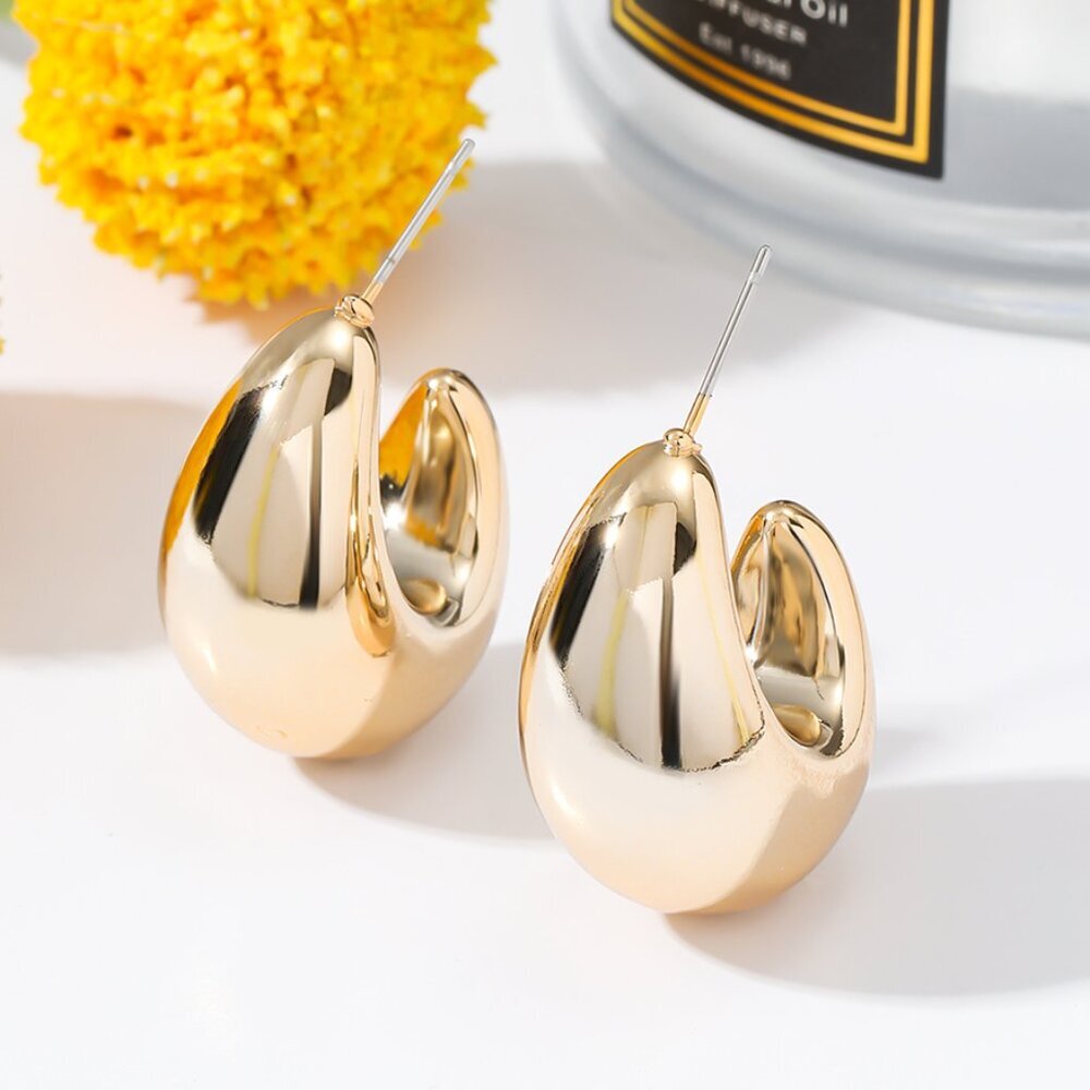 NEW Gold Chunky Puffy Oval Hoop Statement Earrings Pierced Hoops
